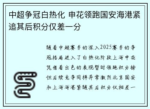 中超争冠白热化 申花领跑国安海港紧追其后积分仅差一分